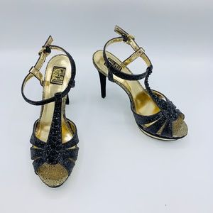 Falchi Natalie Women's Black/Gold Peep Toe Heels